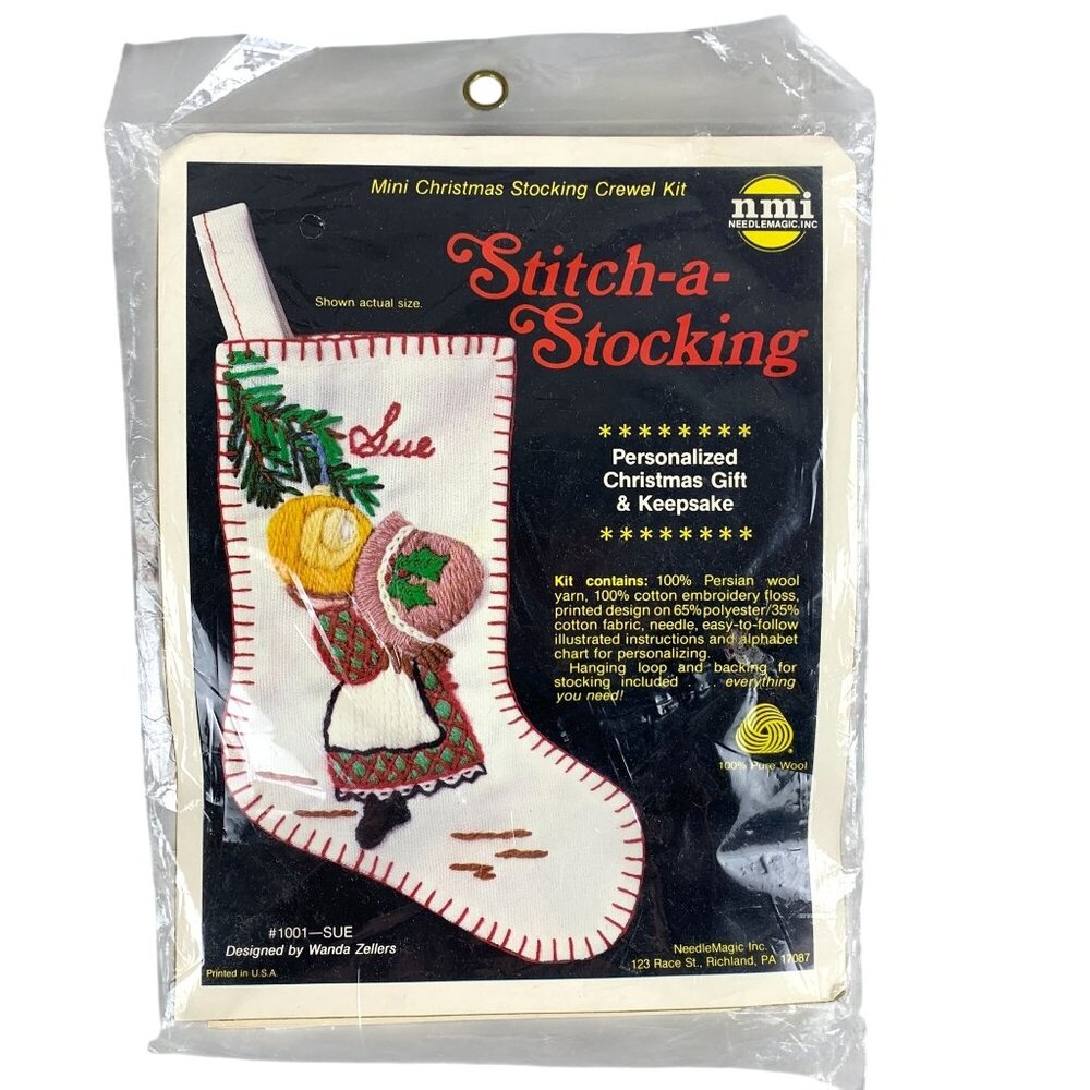 Sunbonnet Sue Vintage NMI Crewel Embroidery Mini Christmas Stocking Kit 1001